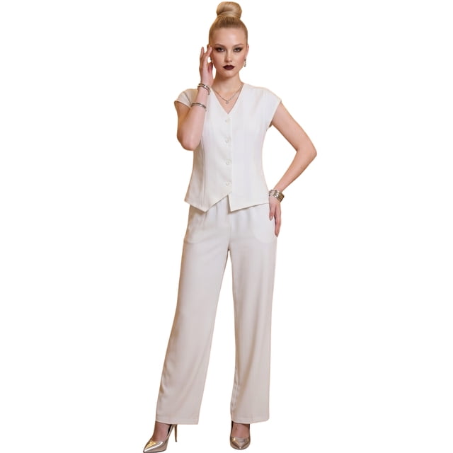Conjunto 2 Piezas Elegante, Chaleco con Botones y Pantalón de Pierna Amplia, Look Sofisticado para Mujer