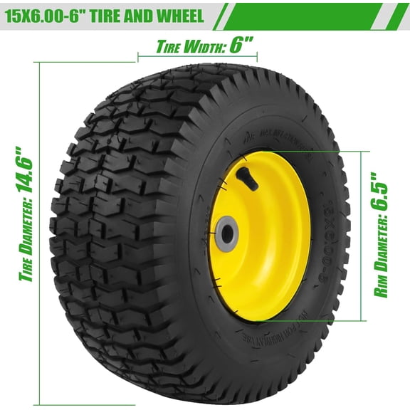 1PCS 15x6.00-6 Lawn Mower Tires, 4 Ply Tubeless 15x6-6 Front Tire Assembly Replacement for /John Deere/Cub Cadet Riding Mowers,570lbs Capacity,3" Offset Hub,3/4" Bushing