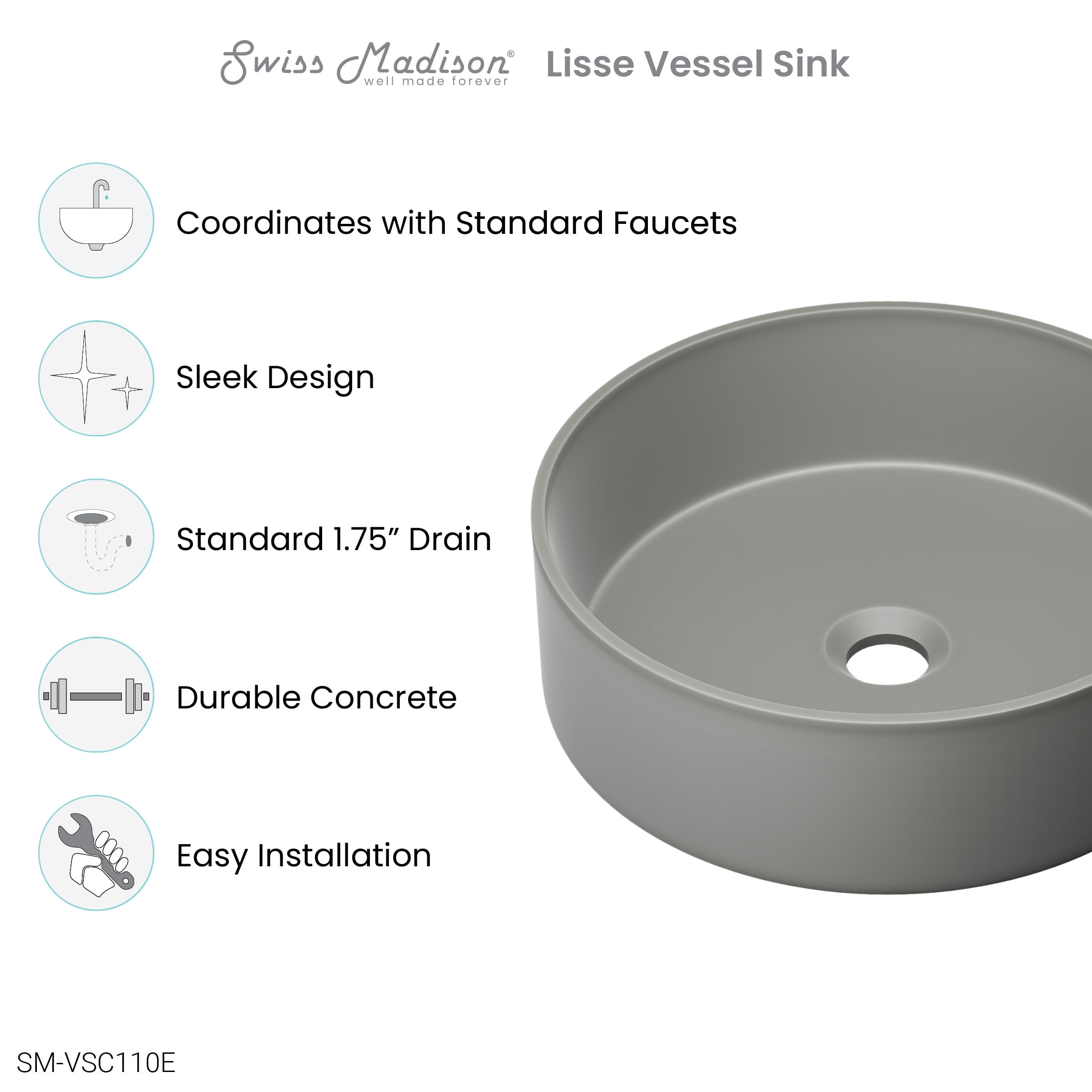 Lisse 14.5" Round Concrete Vessel Bathroom Sink in Dark Grey