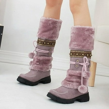

Feiboyy Warm High Toe Snow Round Heels Retro Keep Middle Hairball Shoes Booties SlipOn Women Women s Boots