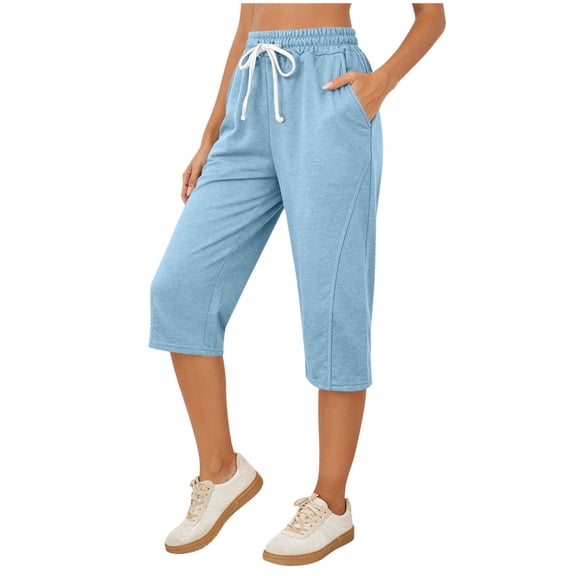 Womens Capri Sweatpants with Pockets Drawstring Elastic Waist Loose Straight Leg Capris Joggers Pants (XL, Light Blue)