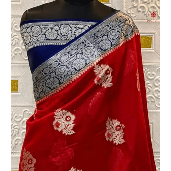 Carmine red Khaddi Georette Handloom Banarasi Saree