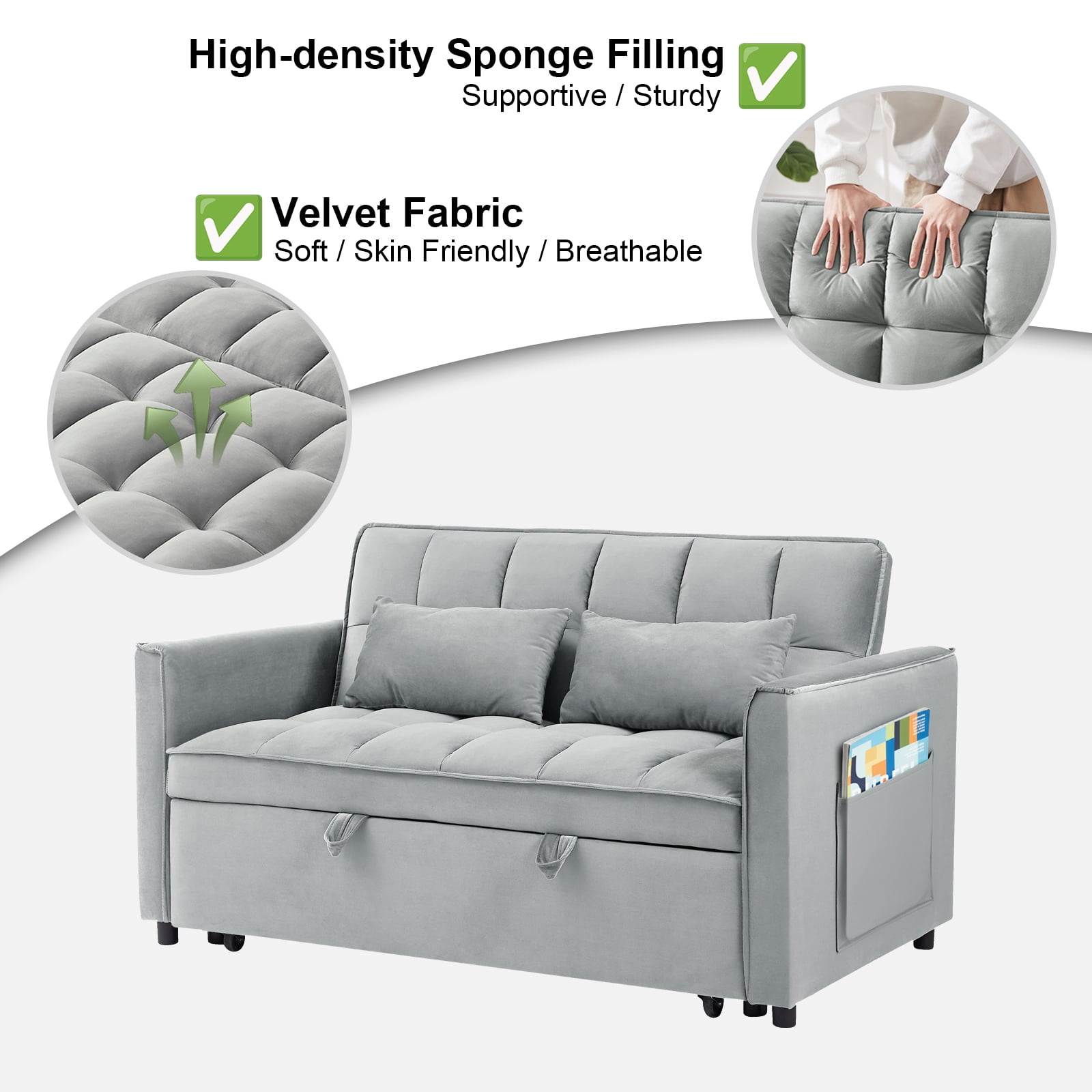 Howcool 55" 3-in-1 Convertible Sleeper Sofa Bed, Pull Out Loveseat, Velvet Adjustable Backrest Couch with Storage Pocket, Small Space Apartment Sofa for Living Room Bedroom，Light grey
