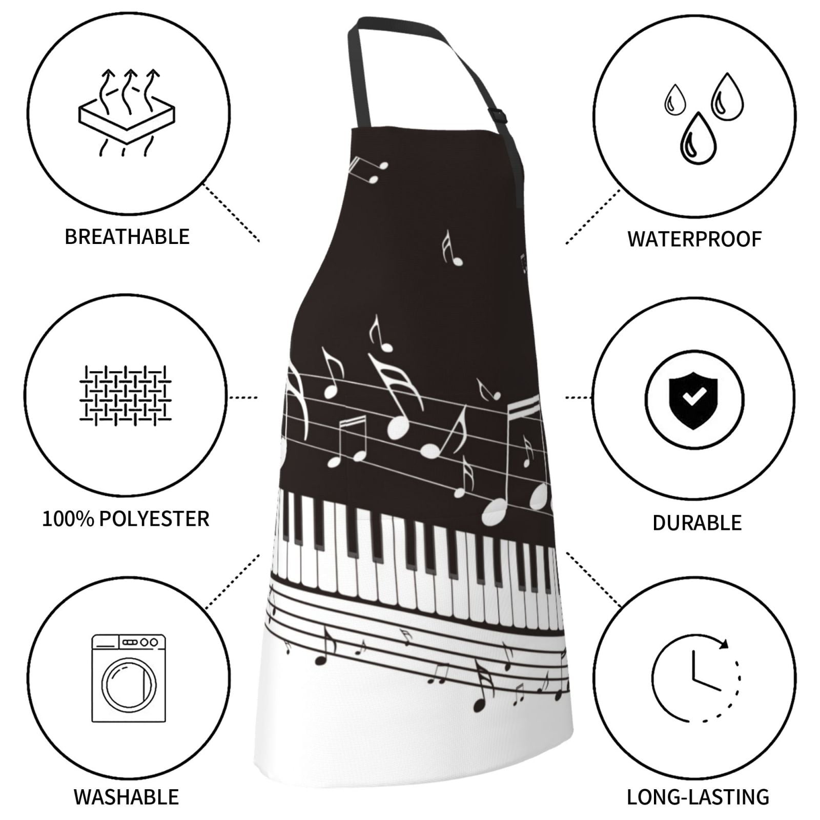 Kdxio Piano Keys With Musical Notes Apron with Pockets Adjustable Kitchen Aprons for Men Women Waterproof Aprons for Cooking,Drawing,Crafting, Baking Household Cleaning