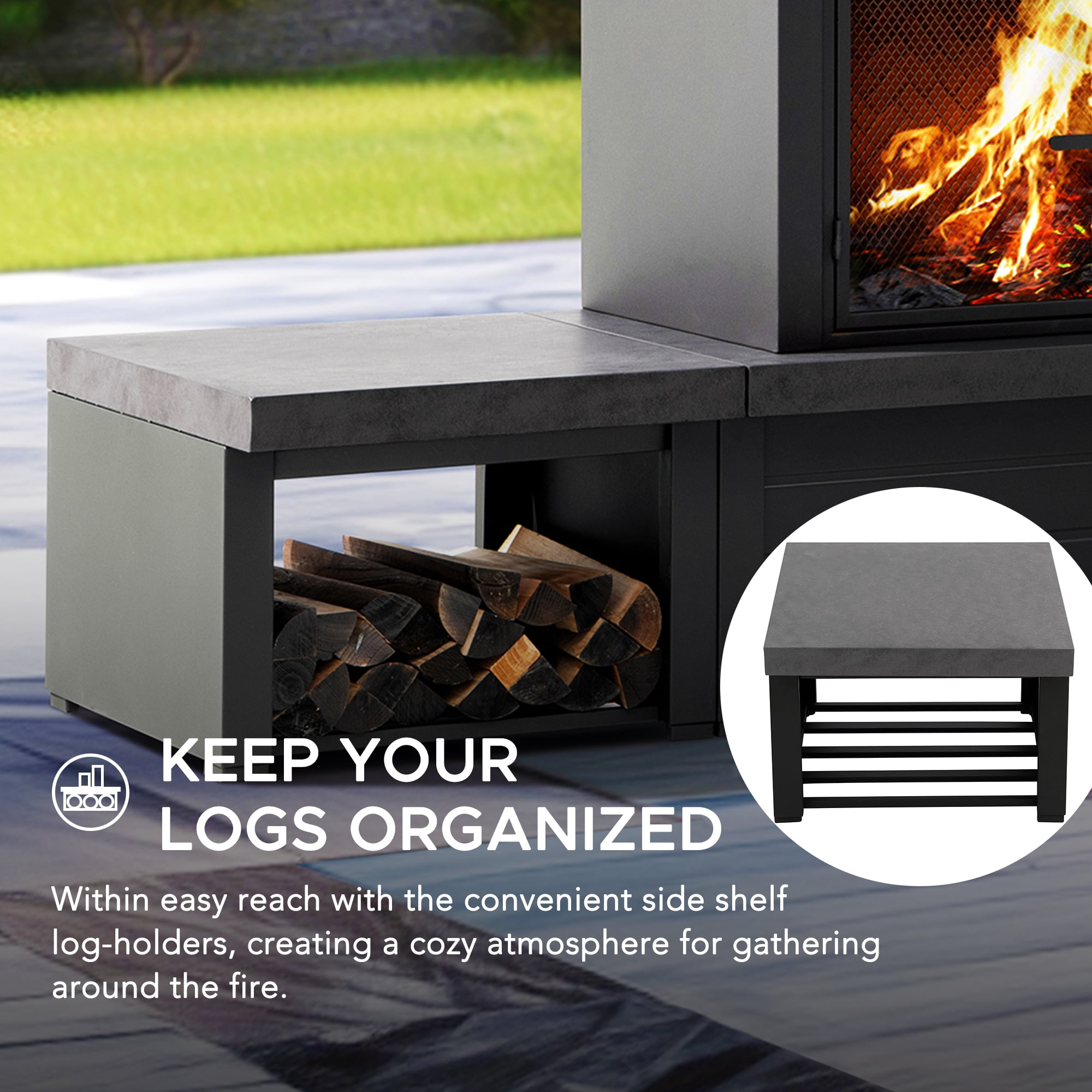 Sunjoy Outdoor Wood Burning Fireplace ,Steel Metal Fire Pit with Wood Storage and Chimney, Fireplace with Mesh Spark Screen Door & Fire Poker, for Patio Garden Deck Backyard