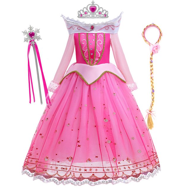 Disfraz de Bella Durmiente de Disney para niña, vestido de Aurora, manga larga, hombros descubiertos, chico, Halloween, Navidad, fiesta elegante, ropa de princesa, 7-8Y Tag-140 Gao Jinjia LED