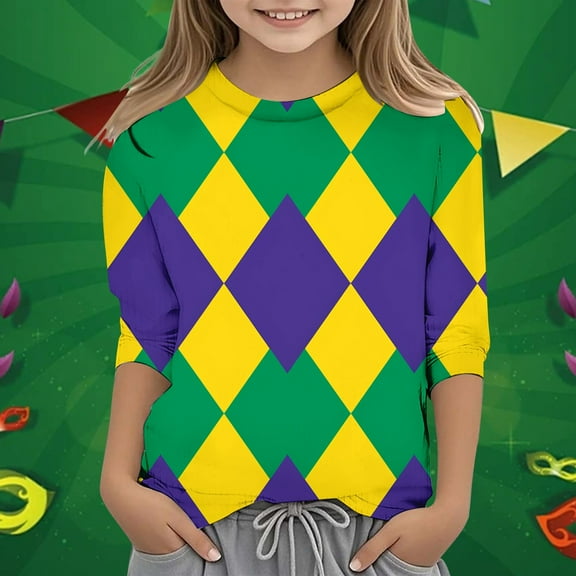 SNKSDGM Girls Shirts for Girls 10-12 Trendy Green Clothes for Girls 10-12 Shirts Children's Leisure Carnival Print O Neck Loose 3/4 Sleeves Quarter Sleeve T Shirt Top 3-4 Years