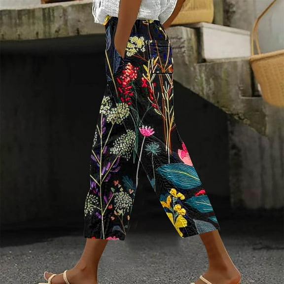 CLOISE Capris for Women with Pockets Stretch Wide Leg Pants Elastic High Waisted Palazzo Pants Petite Summer Casual Fashion Printed Loose Lightweight Cropped Flowy Trousers Multicolor XL