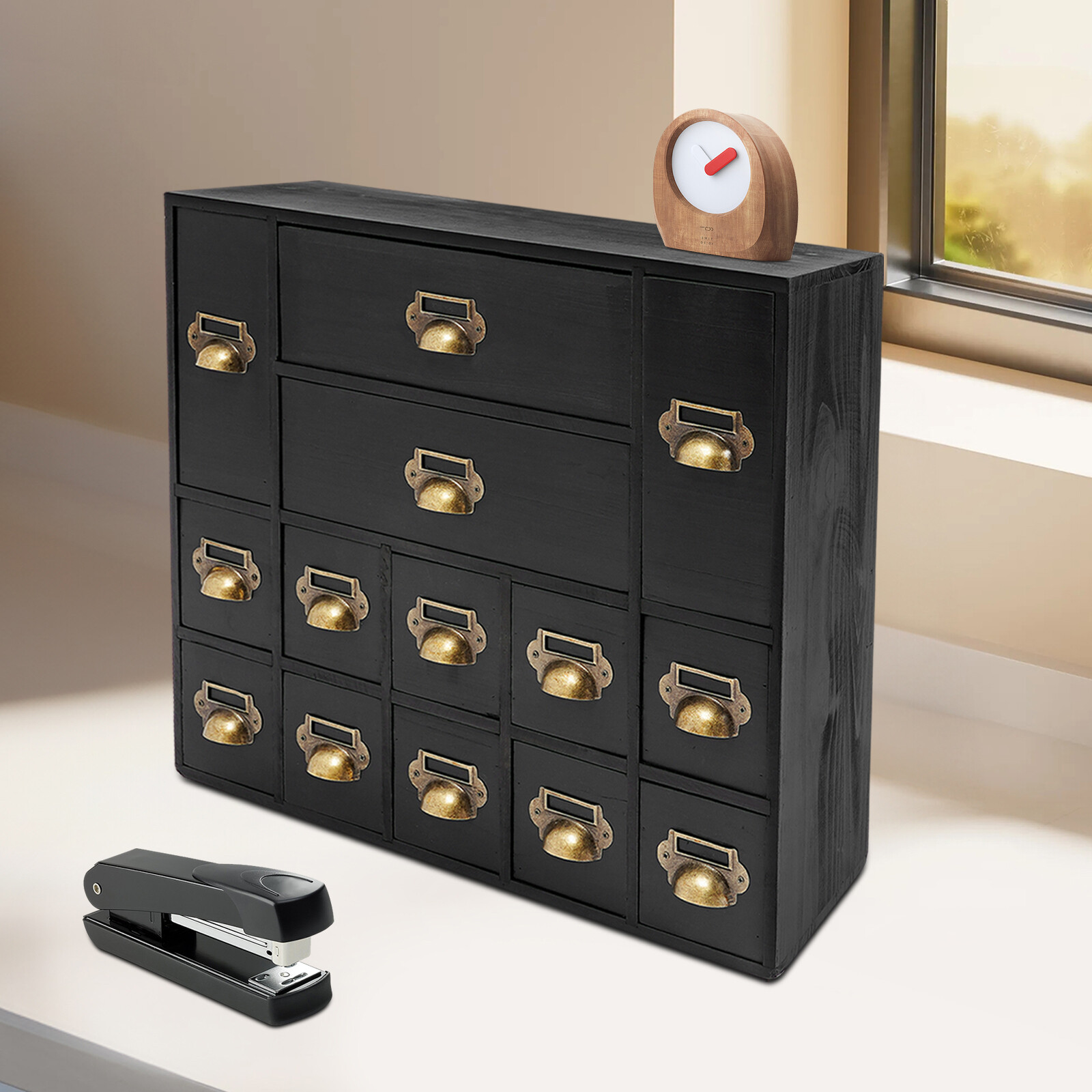 Black Vintage Storage Cabinet Wooden Organizer w/ 14 Drawers FreeStanding For Various Small Crafts, A Kitchen Organizer