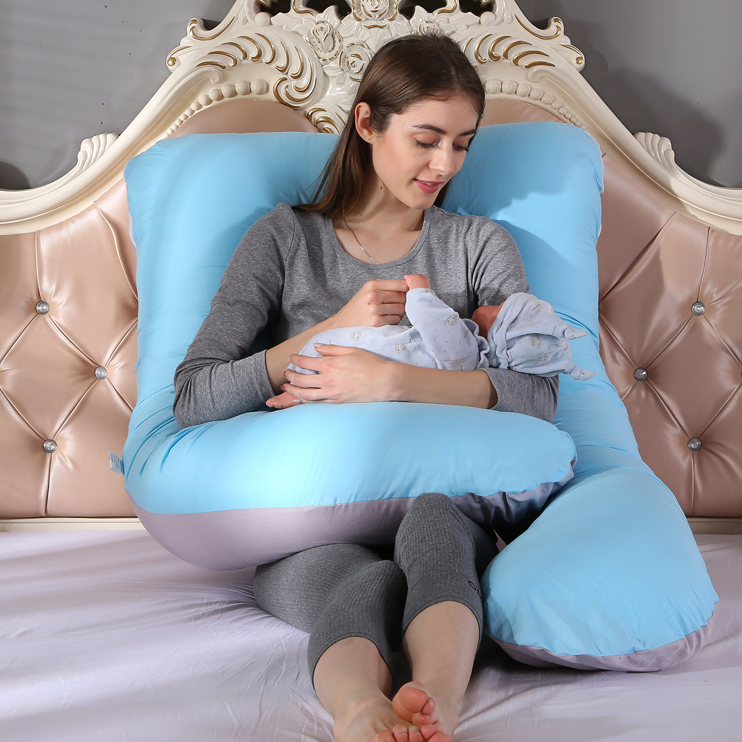 U-Shape Pregnancy Pillow 51 Inch Maternity Pillow with Washable Cover Nursing Support Cushion for Pregnant Women Side Sleeping (Blue+Gray)