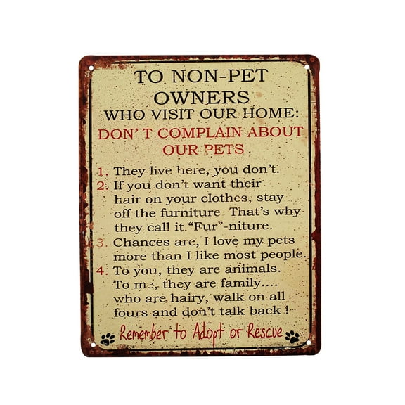 Novelty Tin Non Pet Owners Home Rules Sign Funny Metal Wall Decor Front Door Plaque