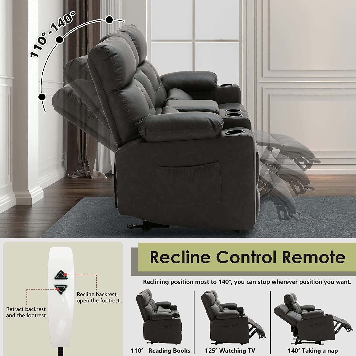 Loveseat Recliner, Power Double Recliners Loveseat, Electric Reclining Loveseat with Heat and Massage, Leather Reclining Loveseat with Console, Cup Holders, Lumbar Support for Living Room