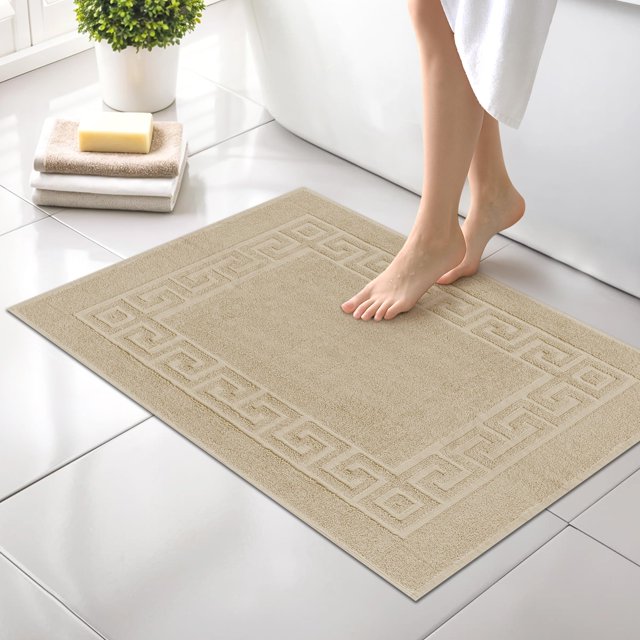 Canadian Linen Everest Bathmats 2 Pack, 20"x30", Lightweight Quick Dry Soft Absorbent Cotton Bath Mat for Bathroom Shower with Greek Key Design, Beige