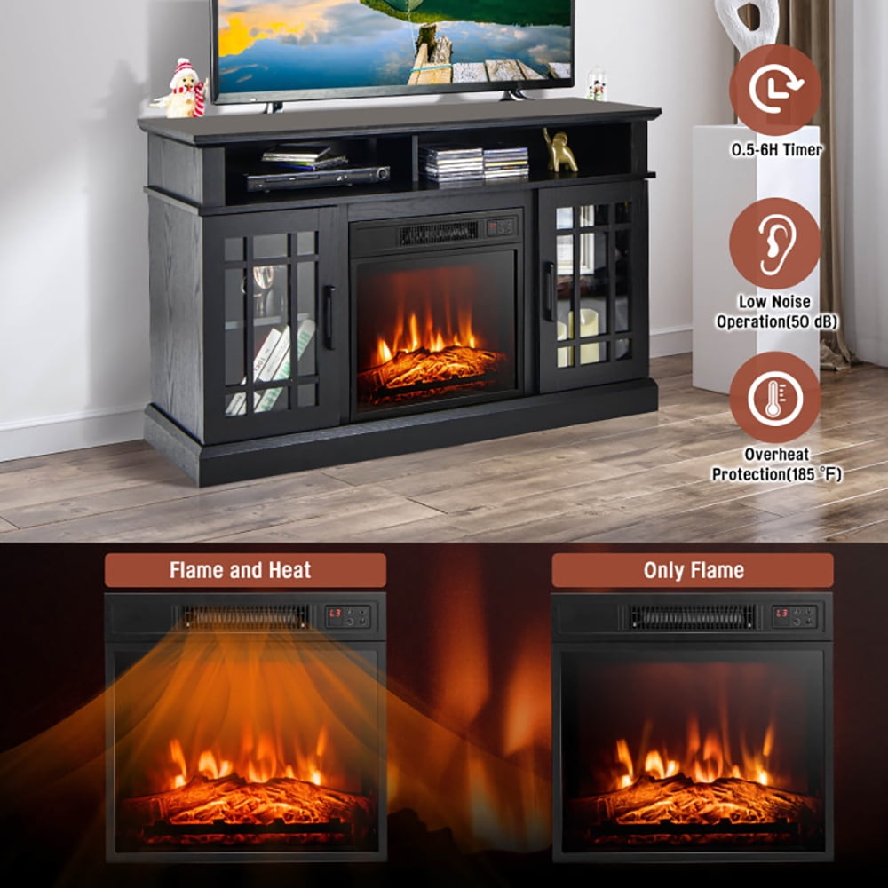 Finihen TV Stand, TV Cabinet, 48 Inch Electric Fireplace TV Stand with Cabinets for TVs Up to 55 Inch, Media Entertainment Center with Storage, for Living Room, Bedroom, Black