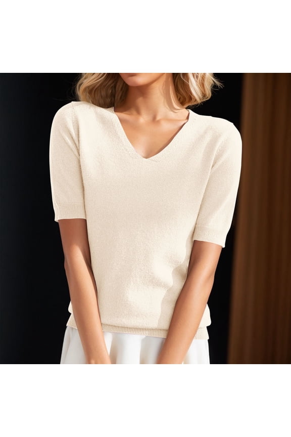 Women's V-Neck 3/4 Sleeve Knit Top, Loose Fit Thin Sweater for a Slimming Look, Casual Basic Blouse for Layering in Cool Weather, Comfortable Everyday Top Beige S