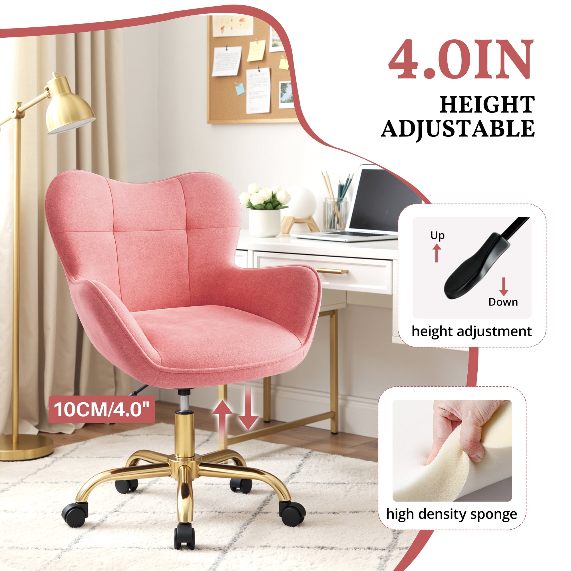 Primy Vanity Chair with Wheels, Home Office Chair Cute Makeup Desk Chairs Adjustable Height for Bedroom, Modern Accent Chair with Back