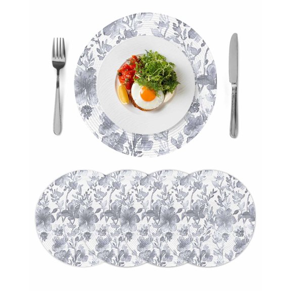 Watercolor Grey Floral Round 13 Inch Placemats Set of 4, Gray Ombre Botanical Summer HeatResistant Non Slip Place Mats for Dining Table, Wipeable Braided Kitchen Table Mats for Housewarming