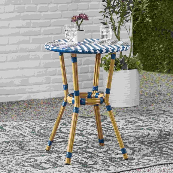 Outdoor Bistro Table with Wicker Wrapping, 21.75 Square Aluminum Patio Table for Small Space, White Blue