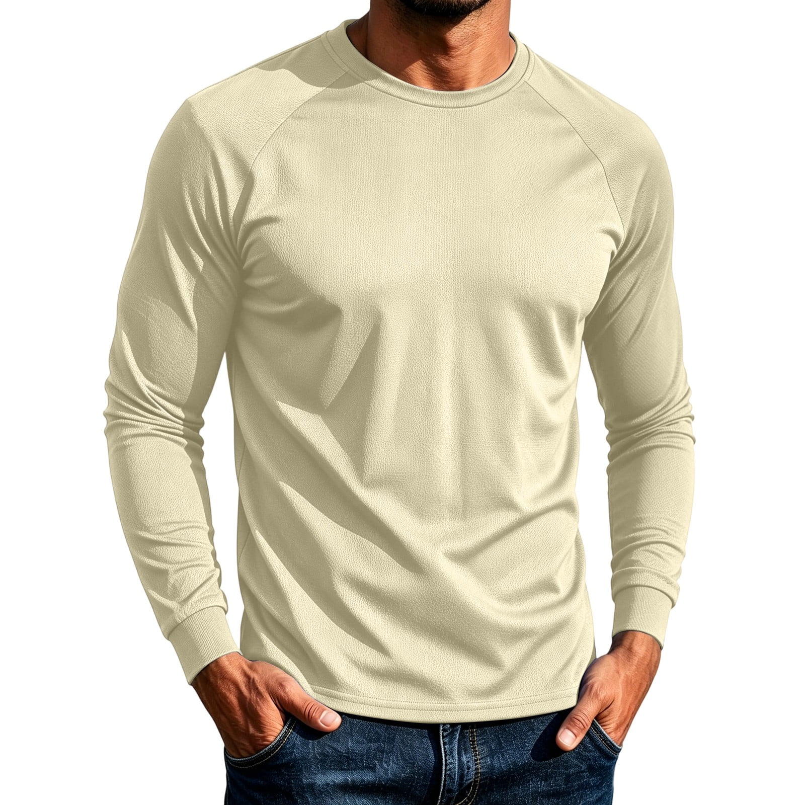 Kvture Mens Quick Dry Long Sleeve Training T Shirts Performance Mesh Breathable Ice Silk Cooling Workout Tee Tops Beige Pullover XL