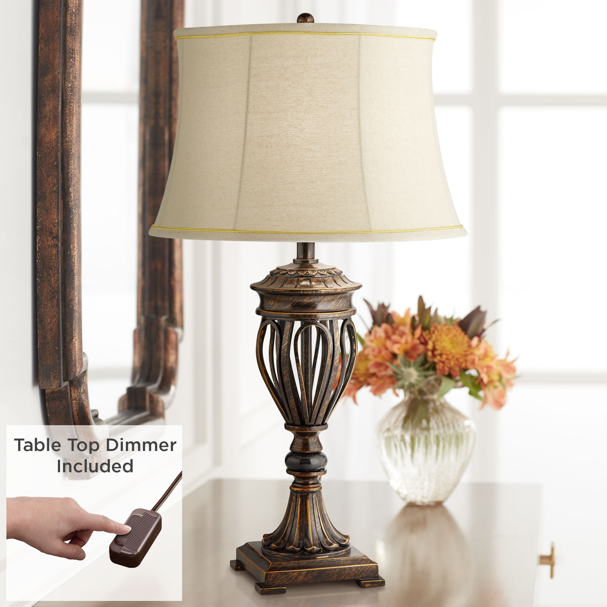 Regency Hill Farmhouse Country Table Lamp with Table Top Dimmer Open