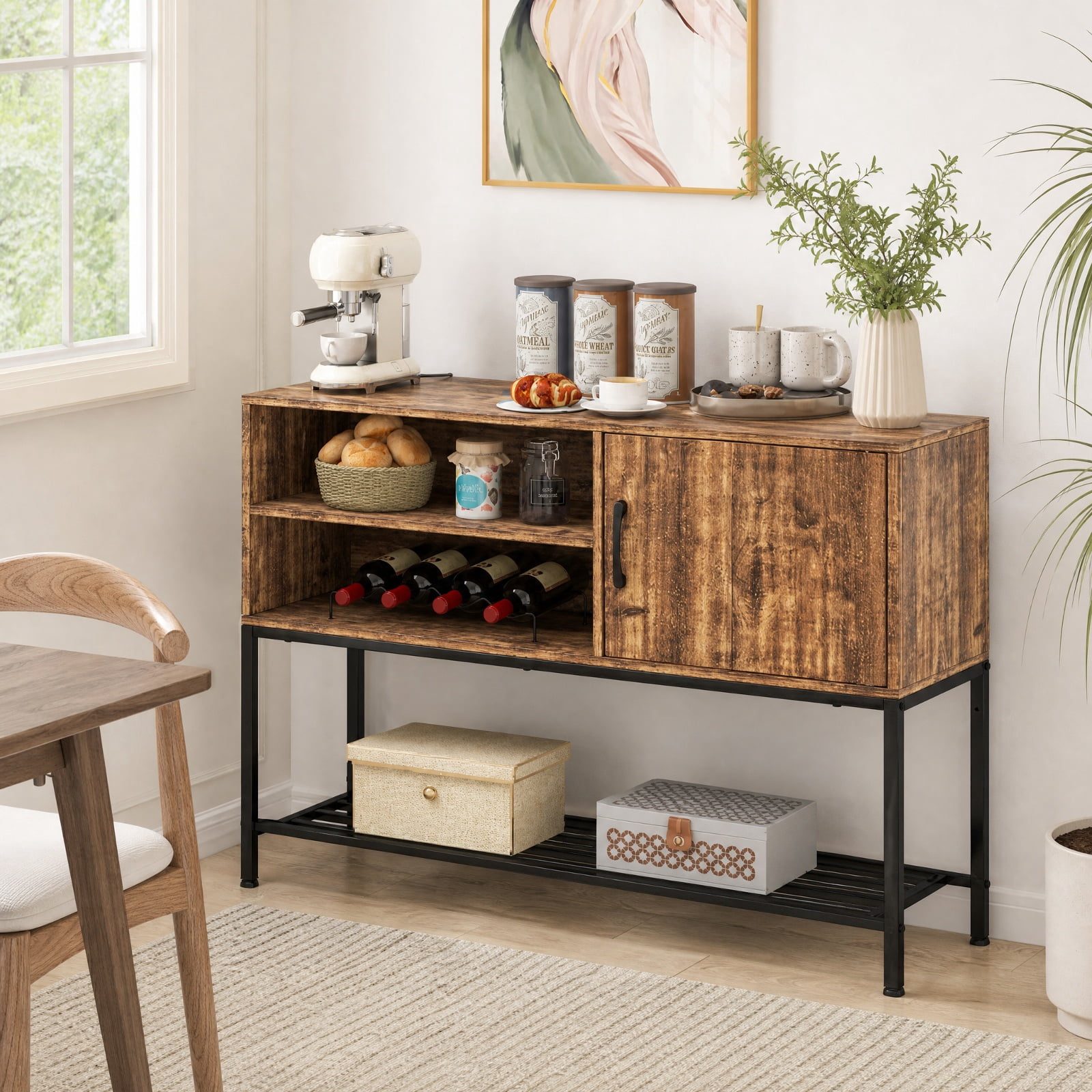 Furnibear Buffet Sideboard Coffee Bar Cabinet with Power Outlets and USB Ports for Kitchen Dining Living Room Buffet Storage Server, Rustic Brown