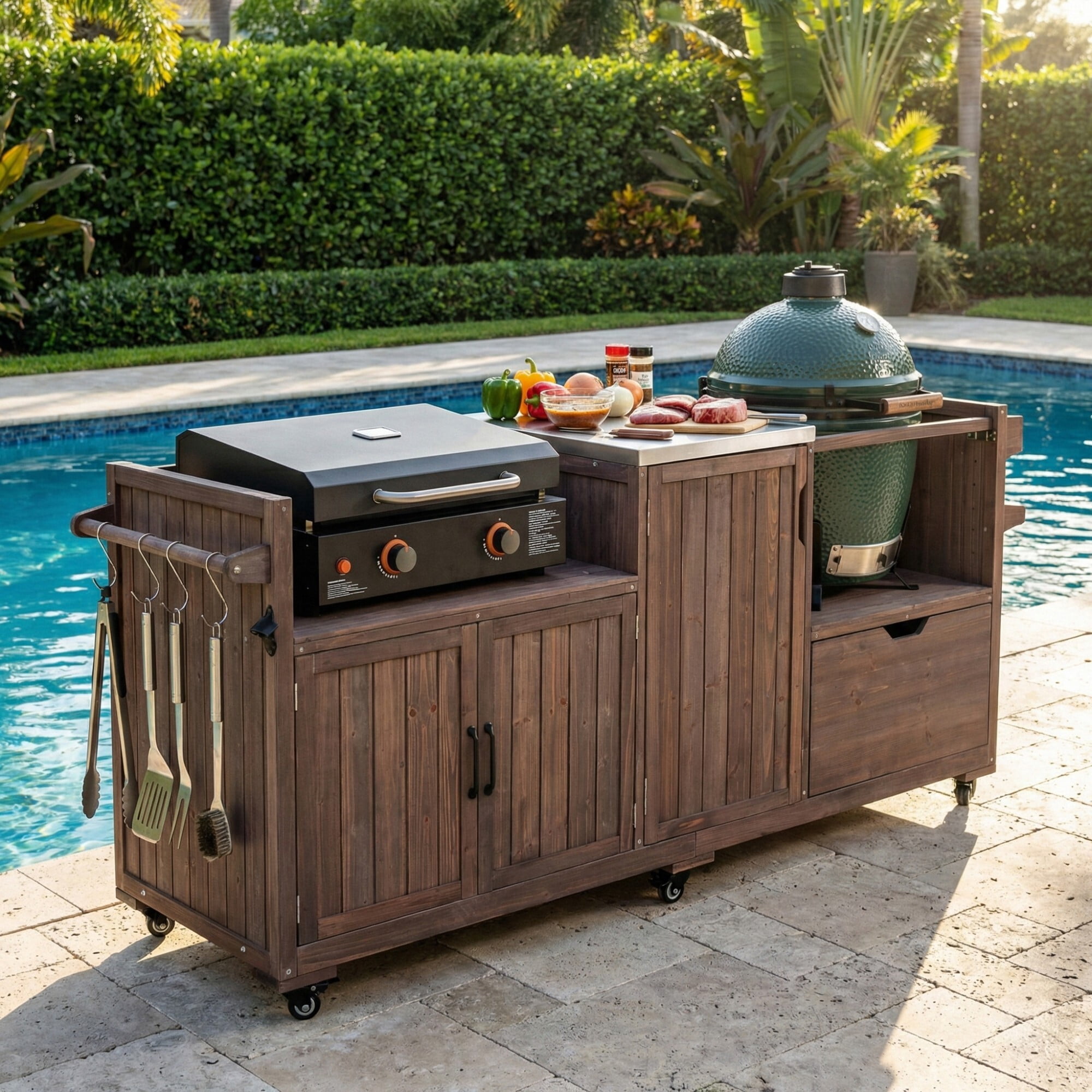 AENKYO 80.5" Outdoor Kitchen Island for Big Green Egg & Blackstone, Wood Grill Cart with Stainless Steel Top, Dark Brown