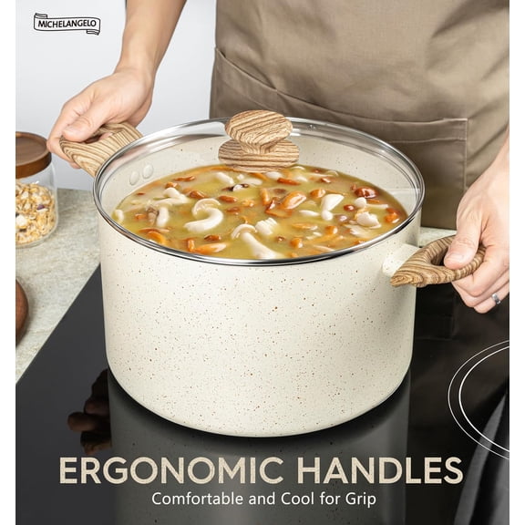 8 Quart Stock Pot with Lid, Nonstick Cooking Pots, 8 Qt Soup Pot with Lid, Induction Pots for Cooking, Stockpot with Healthy Coating, White