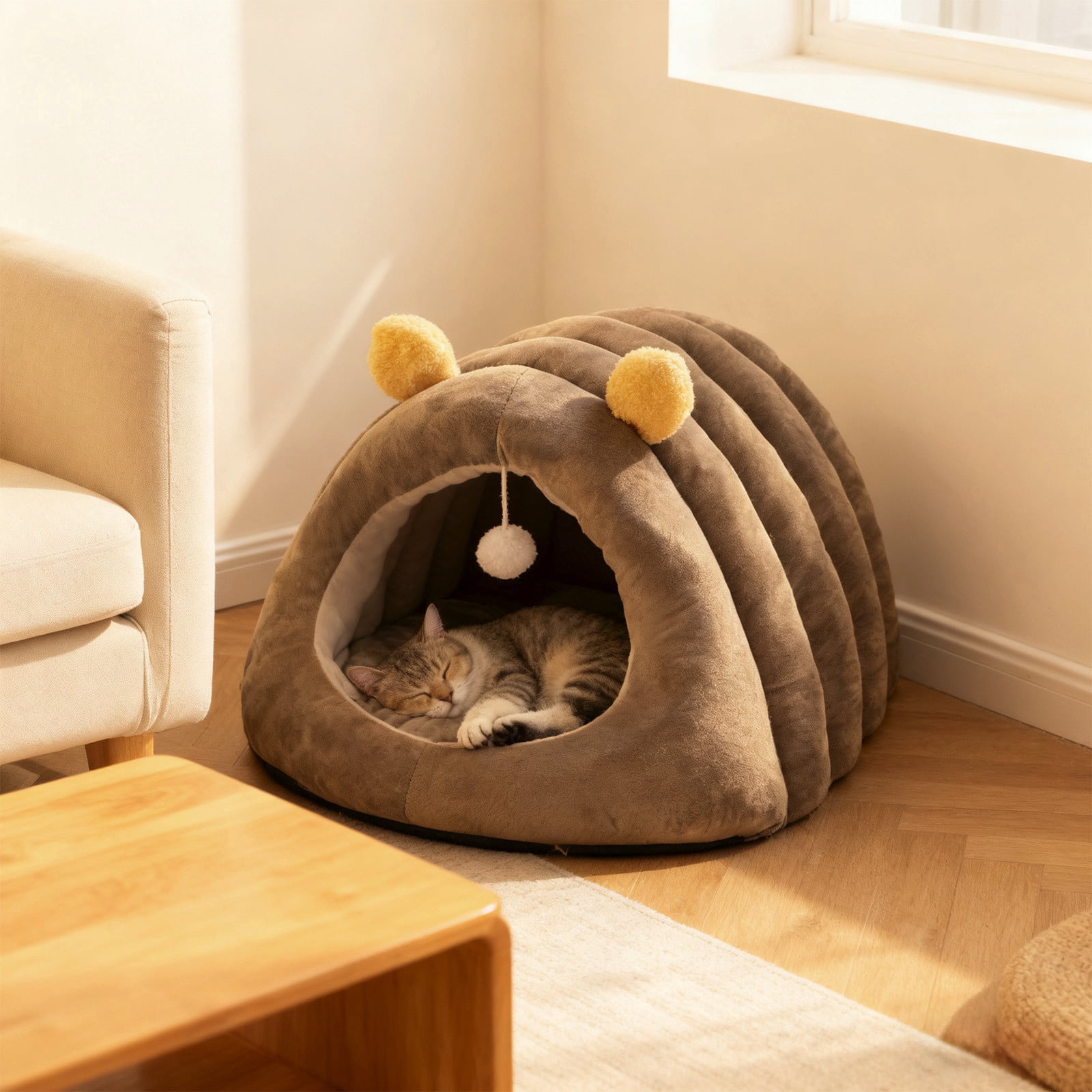 Gray Upgraded Calming Pet Bed - Fluffy Plush Anti-Anxiety Cuddler Bed for Cats & Dogs, Warm Winter Snuggle Bed with Removable Cushion