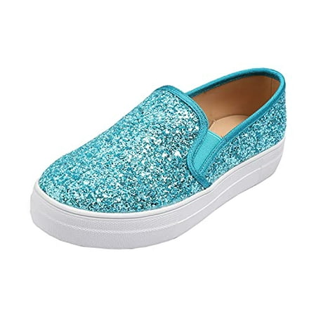 

Feversole Women s Fashion Slip-On Sneaker Casual Platform Loafers Glitter Turquoise Size 9.5 M US