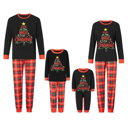 

Christmas Family Pajamas Matching Set Letter Print Long Sleeve Tops and Plaid Pants Loungewear Soft Sleepwear