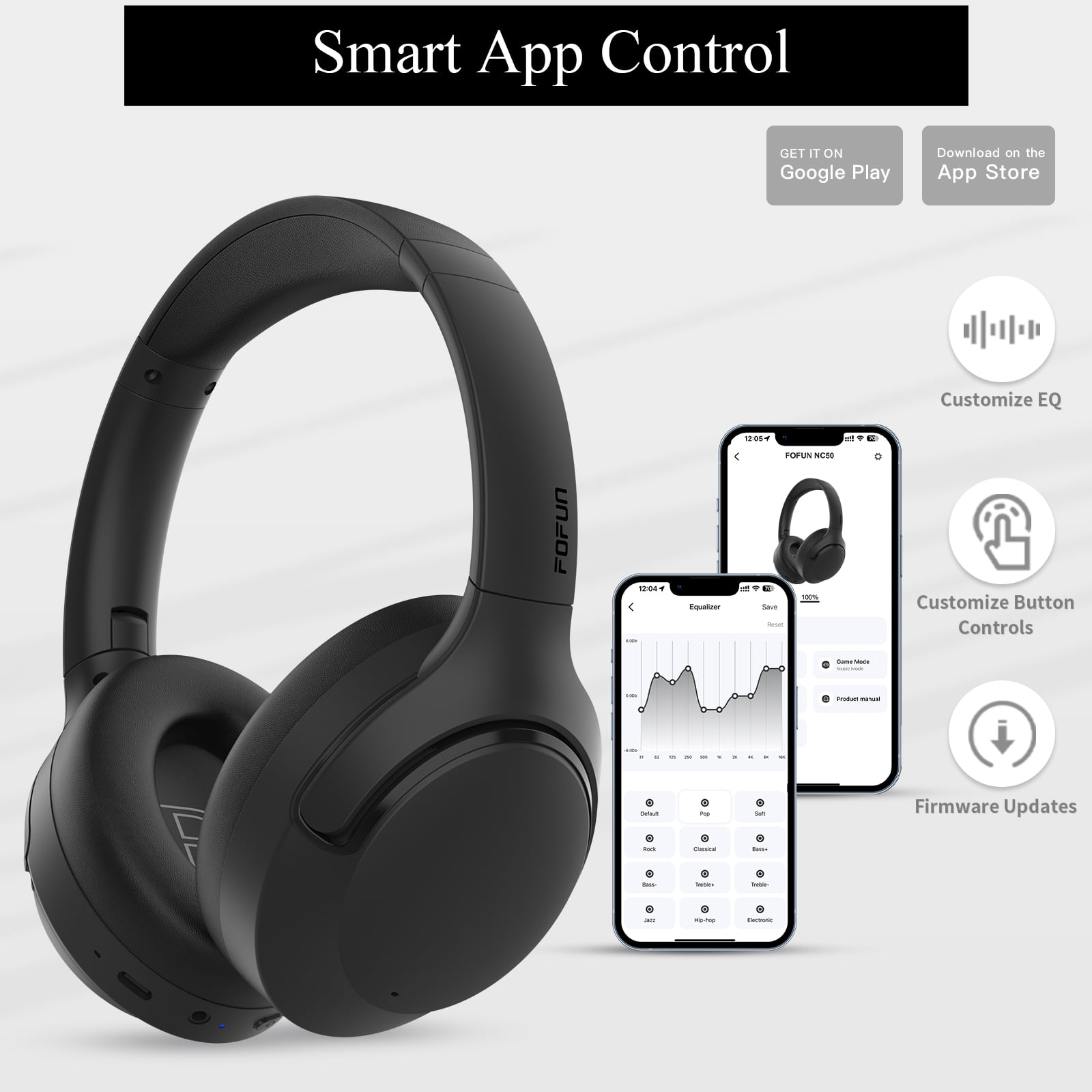 FOFUN NC50 Hybrid Active Noise Cancelling Headphones Wireless Bluetooth 6.0, Foldable Over Ear Headphones, Custom EQ via App, 65 Hours Playtime, Low Latency Game Mode, Multipoint Connection