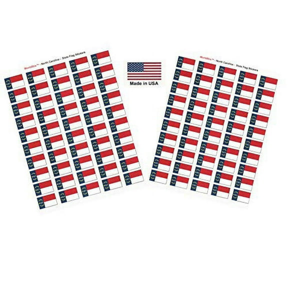 Made in USA! 100 North Carolina 1.5" x 1" Self Adhesive State Flag Stickers, Two Sheets of 50, 100 North Carolina Sticker Flags Total