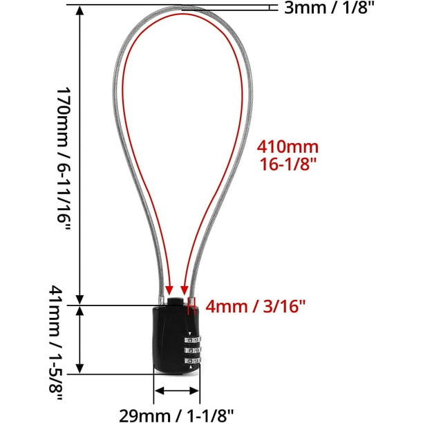 Noir - Câble antivol rétractable, cadenas à combinaison numérique avec  câble de 41 cm, adapté à la valise de ski de moto, de snowboard, de vélo, 