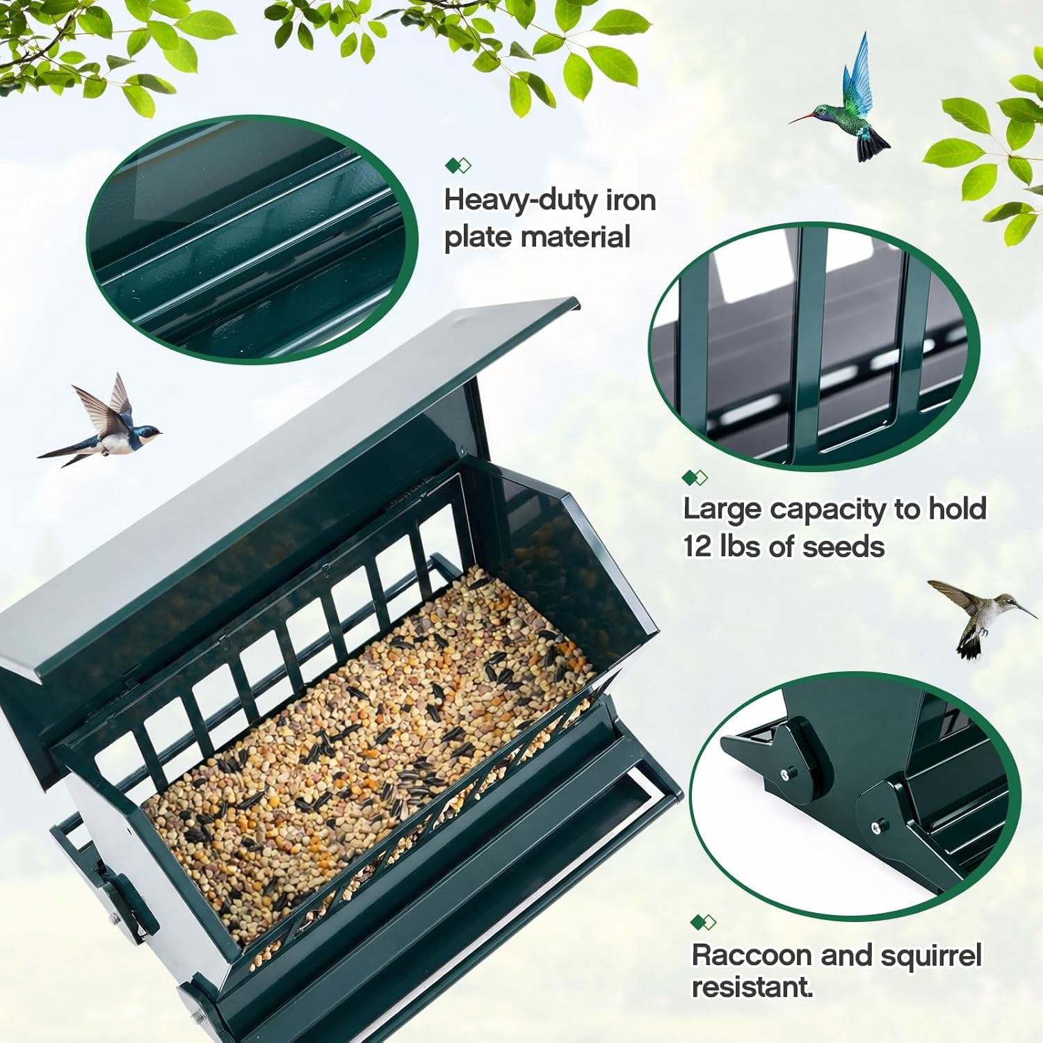 Squirrel Proof Bird Feeder Metal 12lbs Large Capacity for Cardinals Chickadees Green Bird Feeder on Pole for Outdoors, Not Including Pole