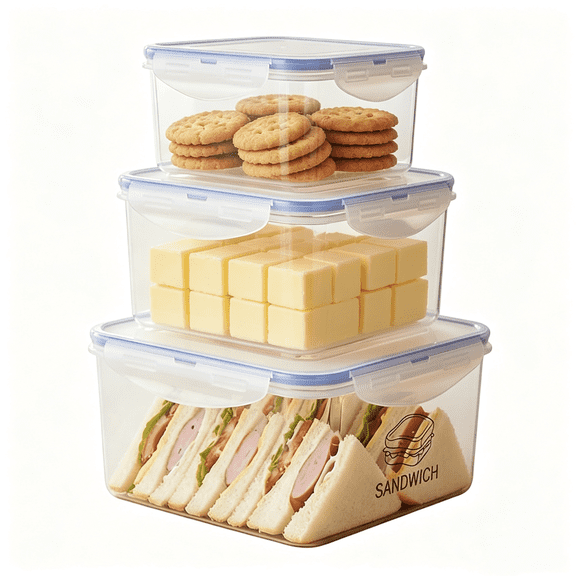 Pethiy 3‑Pack Airtight Meal Prep Containers, BPA‑Free Clear PET Storage Boxes (1.35L/2.15L/3.06L), Stackable Fridge Pantry Organizer for Bread Sandwich Snack Picnic