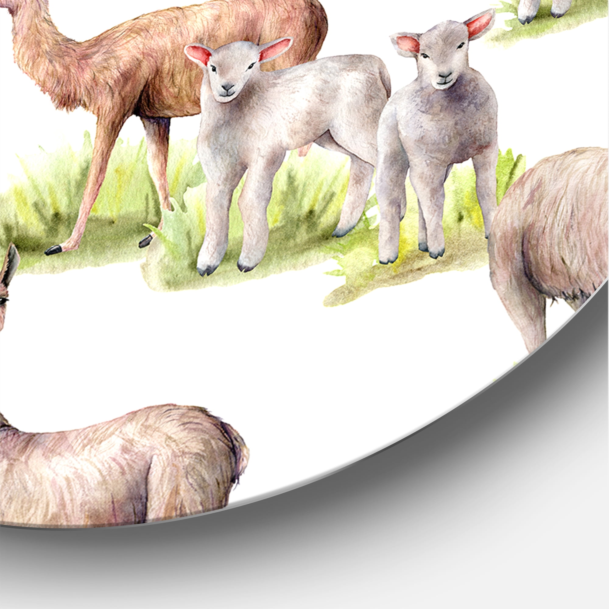 Designart 'Lambs and Lamas On A Green Meadow' Farmhouse Circle Metal Wall Art 36x36 - Disc of 36