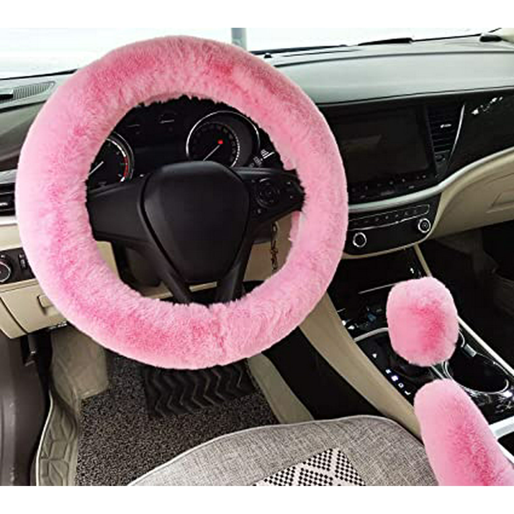 Thickening Faux Fur Winter Warm Fluffy Furry Fuzzy Car Steering Wheel Covers Gear Shift Covers Hand Brake Covers 3pcs set Pink Walmart