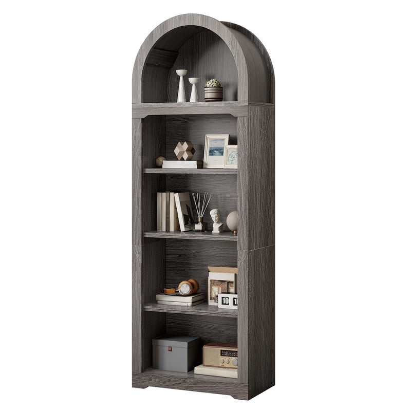 Uforic 5 Tiers Arched Bookshelf, 68.5" Tall Modern Bookcase Display Storage Rack Wooden Bookshelves, Gray