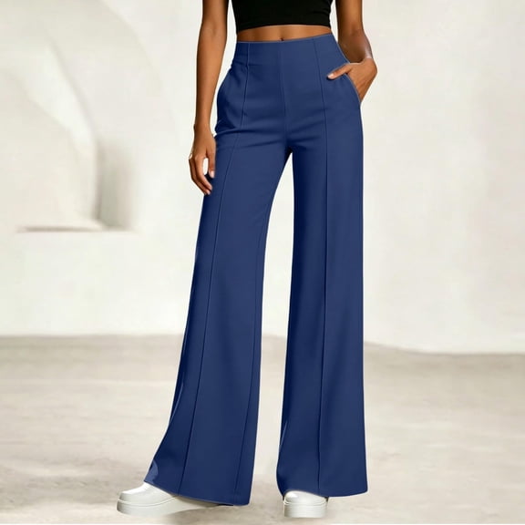 Women's High Waisted Wide Leg Pants, Elastic Waist Seamed Front Trousers with Pockets, Casual Loose Fit Flowy Dress Pants for Work Office Daily Wear 05-Navy XL