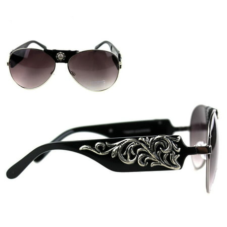 Montana West Ladies Aviator Sunglasses Silver Scroll Design Leather Bridge UV400