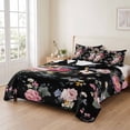 thumbnail image 2 of Quilts Twin XL Size Bedding Set, Farmhouse Flowers Lightweight Quilted Comforter, Country Pink Red Floral Leaf Black Soft Reversible Bedspread Coverlet with Pillow Covers for All Season, 68" x 98", 2 of 9