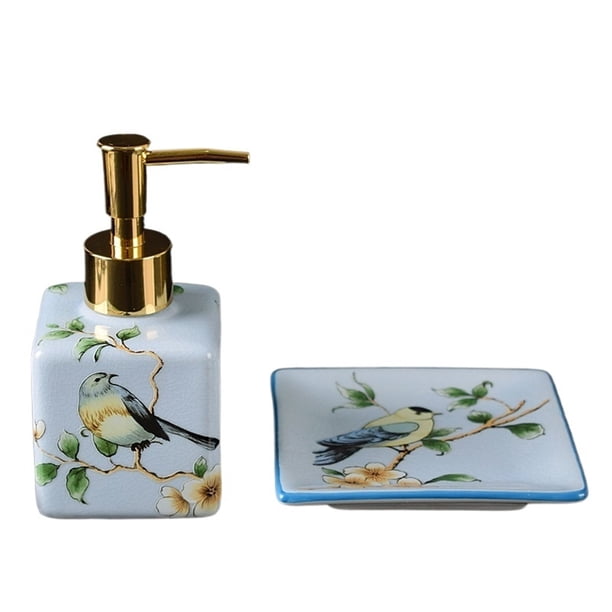 Juego de baño creativo de cerámica de dos piezas que incluye dispensador de jabón cuadrado y jabonera.