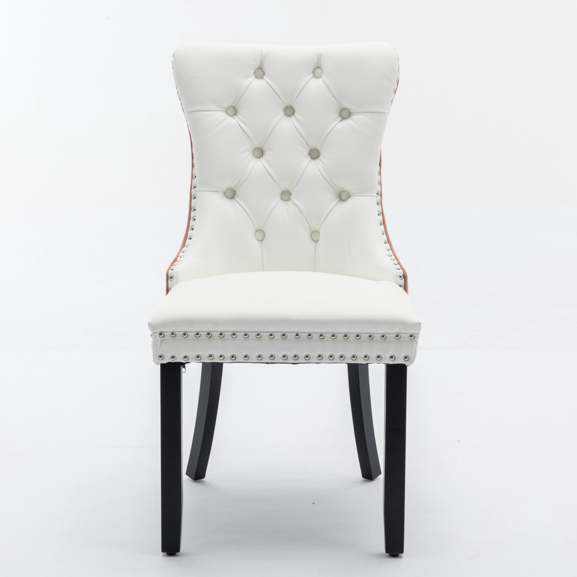 BSHTI 37.5-inch Modern Parson PU Leather and Velvet Upholstered Dining Chairs Set of 2 With Tufted Back, Nailhead Trim, Solid Rubberwood Legs for Dining Room(White+Pink)