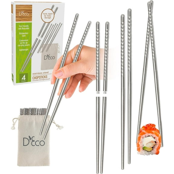 D'Eco Stainless Steel Reusable Travel Chopsticks Dishwasher Safe Eco-Friendly (4 Pairs)