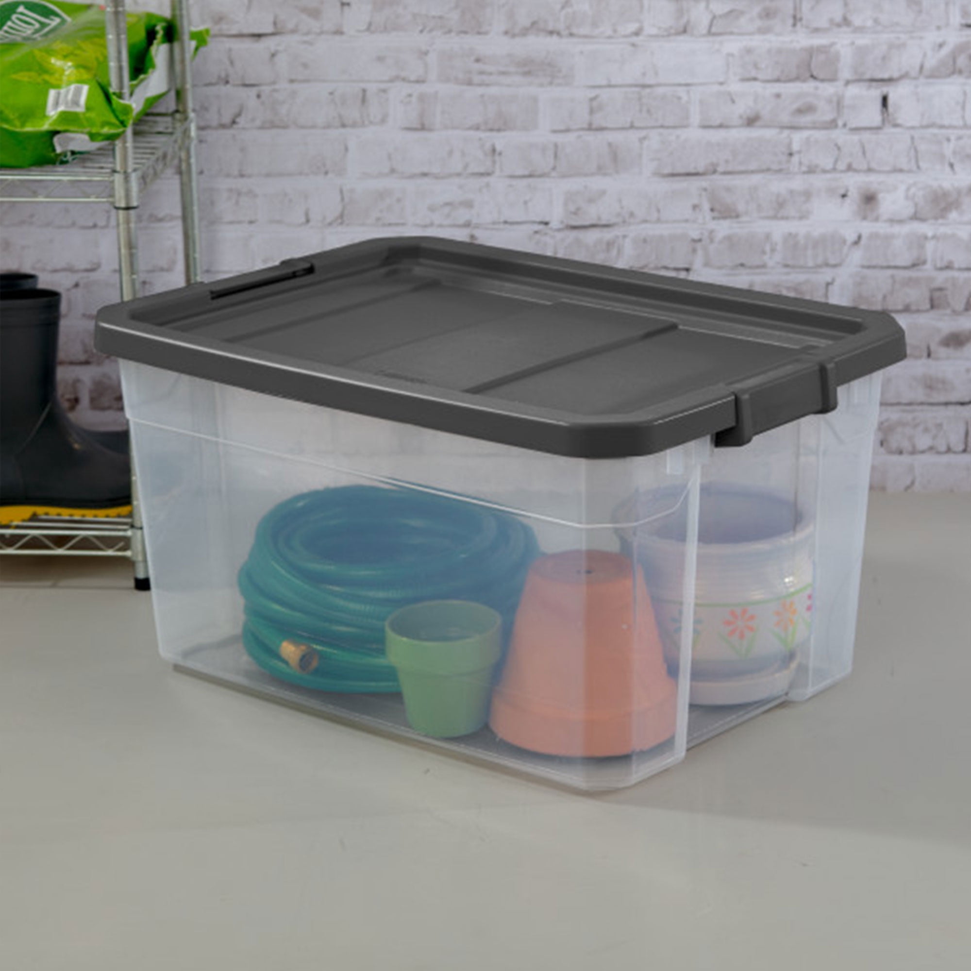 Sterilite 76 Qt Clear Plastic Stacker Storage Bin w/ Lid, Grey (24 Pack)