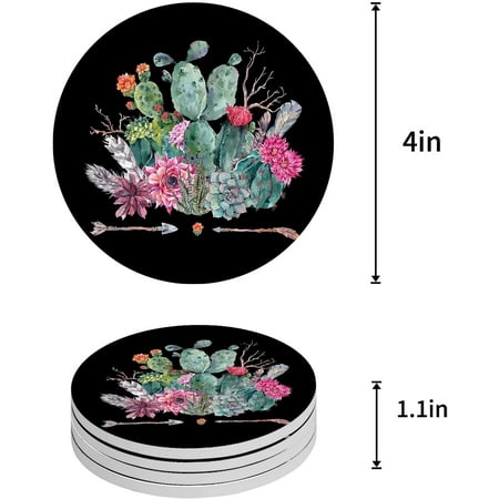 

ZHANZZK Watercolor Style Succulent Cactus Black Set of 8 Round Coaster for Drinks Absorbent Ceramic Stone Coasters Cup Mat with Cork Base for Home Kitchen Room Coffee Table Bar Decor