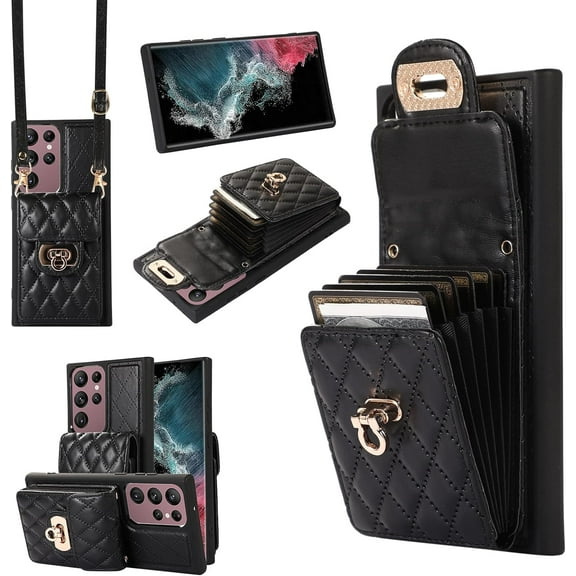 Phone Case for Samsung Galaxy S23 Ultra 5G Wallet Cover with Credit Card Holder Shoulder Crossbody Strap Long Lanyard Leather Cell Accessories S23Ultra 23S S 23 23Ultra 6.8 inch Women Black