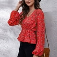 thumbnail image 4 of Womens Sexy Peplum Tops V Neck Lantern Long Sleeve Blouses Fashion Shirts Trendy Plaid Floral Print T Shirt Top, 4 of 5