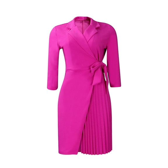 IROINNID Long Sleeve Dress for Women Slim Pleated Belted Three-Quarter-Sleeve V-Neck Color Dress Reduced,Hot Pink