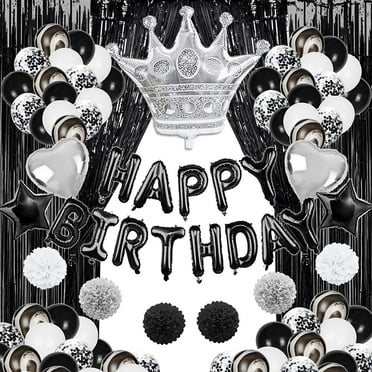 JOYYPOP Black Birthday Party Decorations with Black and White Balloons, Paper Pom Poms, Happy Birthday Balloons Banner, Silver Crown Balloon, Foil Fringe Curtains for Birthday Party Decorations